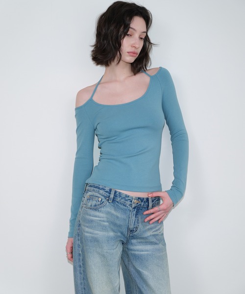 SOLWEIGE(ソルヴェイグ)の「【SOLWEIGE】アシンメトリーショルダーTシャツ(Tシャツ/カットソー・レディース・ブルー/ブラック・S/M/L)」の6枚目の写真