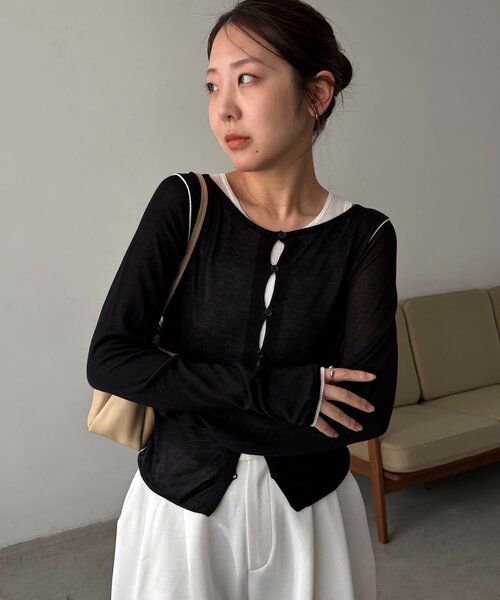 CAPRICIEUX LE'MAGE（カプリシューレマージュ）の「タンクSETアームラインカーディガン（カーディガン/ボレロ・レディース・グレー/ピンク/ブラック・FREE）」の22枚目の写真