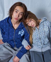 ※WEB限定 / 花柄×星柄プリント / ロゴ裏毛ジップパーカー / sqnz logo pt zip p/k