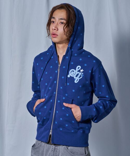 WEB限定 / 花柄×星柄プリント / ロゴ裏毛ジップパーカー / sqnz logo