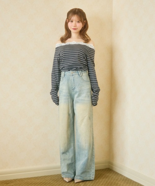 TITTY&CO.（ティティーアンドコー）の「ダメージワイドデニムパンツ（デニムパンツ・レディース・ライトブルー・LARGE/MEDIUM/SMALL）」の6枚目の写真