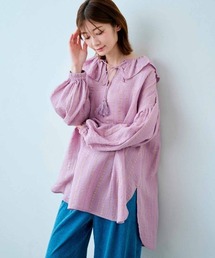 IEDIT（イディット）の「ＩＥＤＩＴ　きくちあつこさんコラボ　ダブルガーゼ素材のラメストライプカフタンチュニック（チュニック）」