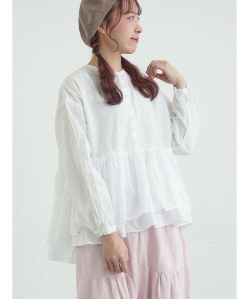 TSUHARU by Samansa Mos2（ツハルバイサマンサモスモス）の「【tukuroi】綿麻平織製品染めギャザーブラウス（シャツ/ブラウス・レディース・オフホワイト/ピンク/ネイビー・F）」の8枚目の写真