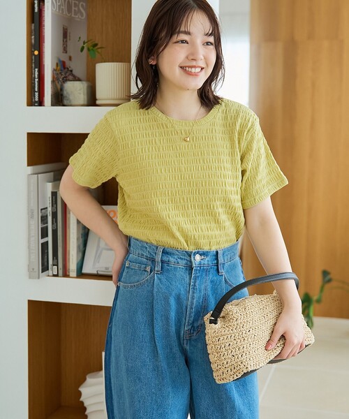 coen(コーエン)の「シャーリング風コンパクト半袖Tシャツ(Tシャツ/カットソー・レディース・オフホワイト/ブラック/ブラウン/ライム・M/L)」の4枚目の写真