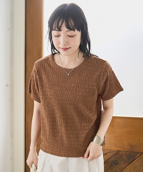coen(コーエン)の「シャーリング風コンパクト半袖Tシャツ(Tシャツ/カットソー・レディース・オフホワイト/ブラック/ブラウン/ライム・M/L)」の19枚目の写真