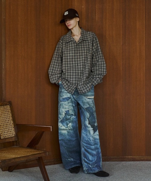 soerte（ソエルテ）の「Faded Plaid Open Collar Shirt / レトロチェックオープンカラーシャツ（シャツ/ブラウス・メンズ・ホワイト/オレンジ/チャコールグレー・1/3/2）」の4枚目の写真
