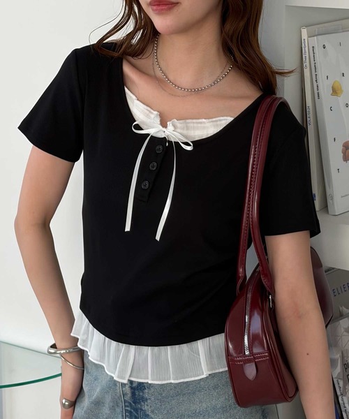 muet.（ミュエ）の「リボン付きレイヤード風シアーフリルリブトップス（Tシャツ/カットソー・レディース・レッド/杢グレー/ブラック・MEDIUM/LARGE）」の18枚目の写真