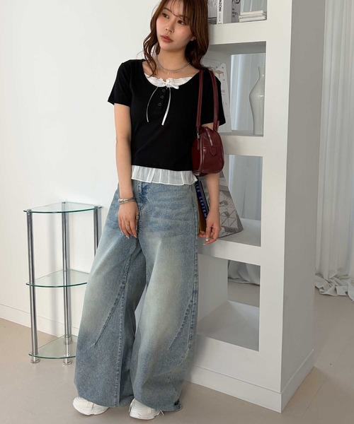 muet.（ミュエ）の「リボン付きレイヤード風シアーフリルリブトップス（Tシャツ/カットソー・レディース・レッド/杢グレー/ブラック・MEDIUM/LARGE）」の19枚目の写真