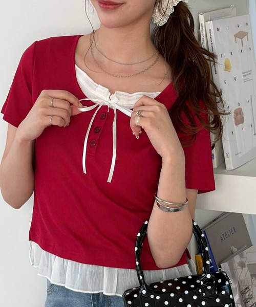 muet.（ミュエ）の「リボン付きレイヤード風シアーフリルリブトップス（Tシャツ/カットソー・レディース・レッド/杢グレー/ブラック・MEDIUM/LARGE）」の7枚目の写真