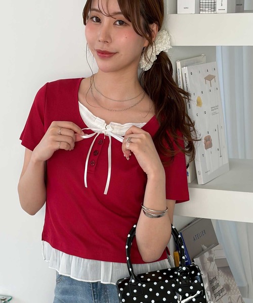 muet.（ミュエ）の「リボン付きレイヤード風シアーフリルリブトップス（Tシャツ/カットソー・レディース・レッド/杢グレー/ブラック・MEDIUM/LARGE）」の8枚目の写真