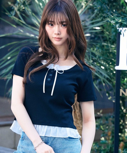 muet.（ミュエ）の「リボン付きレイヤード風シアーフリルリブトップス（Tシャツ/カットソー・レディース・レッド/杢グレー/ブラック・MEDIUM/LARGE）」の22枚目の写真