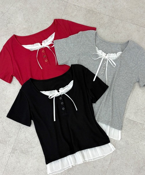 muet.（ミュエ）の「リボン付きレイヤード風シアーフリルリブトップス（Tシャツ/カットソー・レディース・レッド/杢グレー/ブラック・MEDIUM/LARGE）」の6枚目の写真