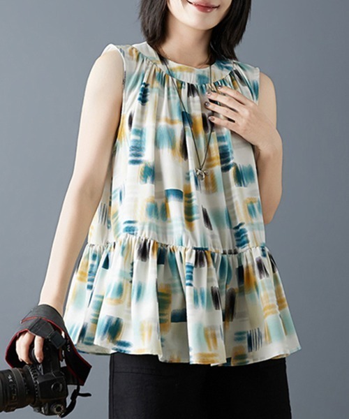 ReRe(リリ)の「選べる2TYPE×フリルギャザーノースリーブトップス(Tシャツ/カットソー・レディース・イエロー/オレンジ/ブルー/ストライプ/ドット/ブラック×イエロー/ネイビー×ホワイト・MEDIUM/LARGE/X-LARGE)」の3枚目の写真