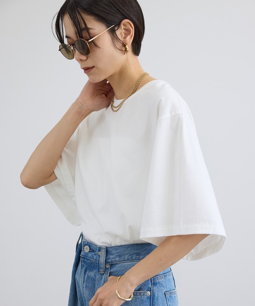 SALON adam et rope'(サロン アダム エ ロペ)の「プリマベールハーフスリーブTシャツ / UVケア(Tシャツ/カットソー・レディース・ブラック/オフホワイト/キャメル・FREE)」の14枚目の写真