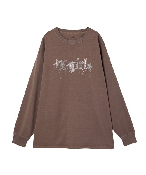 X-girl（エックスガール）の「FADED RHINESTONE STARDUST LOGO L/S BIG TEE DRESS（ワンピース・レディース・ブラウン/ブラック/オリーブ・S/M）」の3枚目の写真