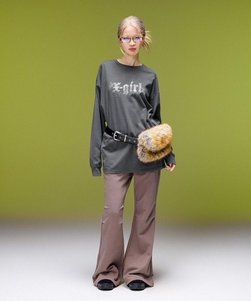 X-girl（エックスガール）の「FADED RHINESTONE STARDUST LOGO L/S BIG TEE DRESS（ワンピース・レディース・ブラウン/ブラック/オリーブ・S/M）」の6枚目の写真