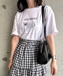 英字猫プリント半袖Tシャツ