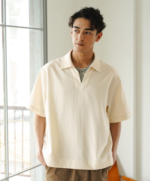 BAYFLOW（ベイフロー）の「キーネックシャツ（ポロシャツ・メンズ・アイボリー/ブラウン・LARGE/MEDIUM）」の5枚目の写真