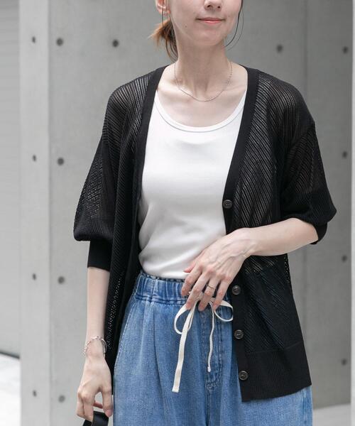 ITEMS URBANRESEARCH（アイテムズ アーバンリサーチ）の「メッシュ半袖カーディガン（ニット/セーター・レディース・ベージュ/ブラック/ホワイト・FREE）」の3枚目の写真