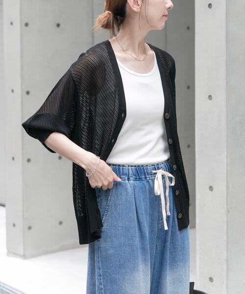 ITEMS URBANRESEARCH（アイテムズ アーバンリサーチ）の「メッシュ半袖カーディガン（ニット/セーター・レディース・ベージュ/ブラック/ホワイト・FREE）」の4枚目の写真