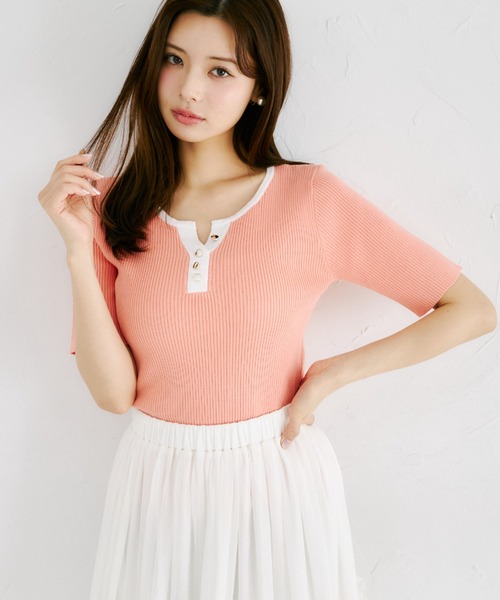 tocco closet(トッコ クローゼット)の「【ZOZO限定】接触冷感バイカラー半袖リブニットトップス(ニット/セーター・レディース・ブラック/ネイビー/コーラルピンク・M)」の3枚目の写真