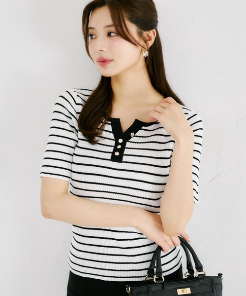 tocco closet(トッコ クローゼット)の「【ZOZO限定】接触冷感バイカラー半袖リブニットトップス(ニット/セーター・レディース・ブラック/ネイビー/コーラルピンク・M)」の6枚目の写真