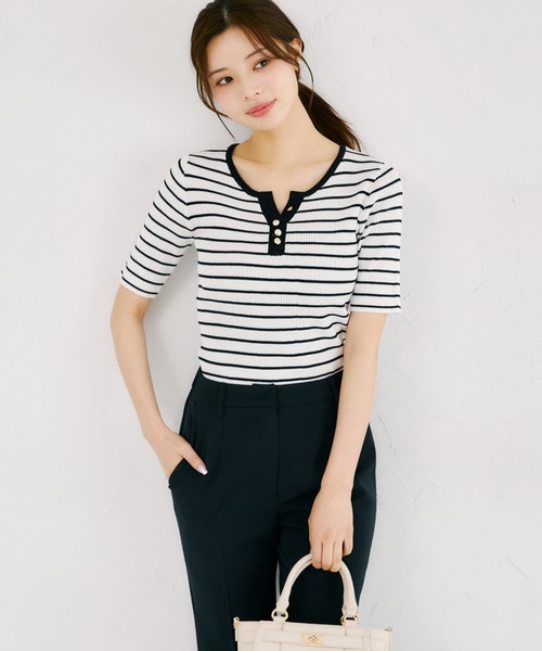 tocco closet(トッコ クローゼット)の「【ZOZO限定】接触冷感バイカラー半袖リブニットトップス(ニット/セーター・レディース・ブラック/ネイビー/コーラルピンク・M)」の10枚目の写真