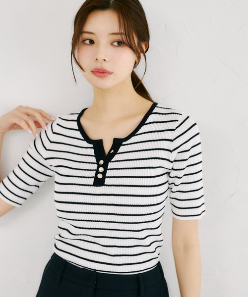 tocco closet(トッコ クローゼット)の「【ZOZO限定】接触冷感バイカラー半袖リブニットトップス(ニット/セーター・レディース・ブラック/ネイビー/コーラルピンク・M)」の11枚目の写真