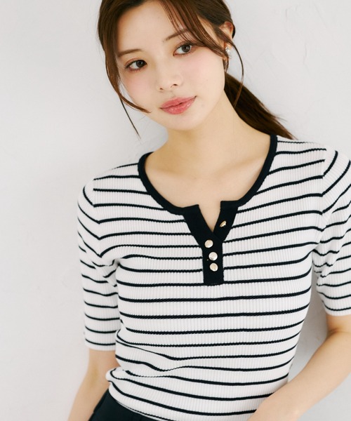 tocco closet(トッコ クローゼット)の「【ZOZO限定】接触冷感バイカラー半袖リブニットトップス(ニット/セーター・レディース・ブラック/ネイビー/コーラルピンク・M)」の12枚目の写真