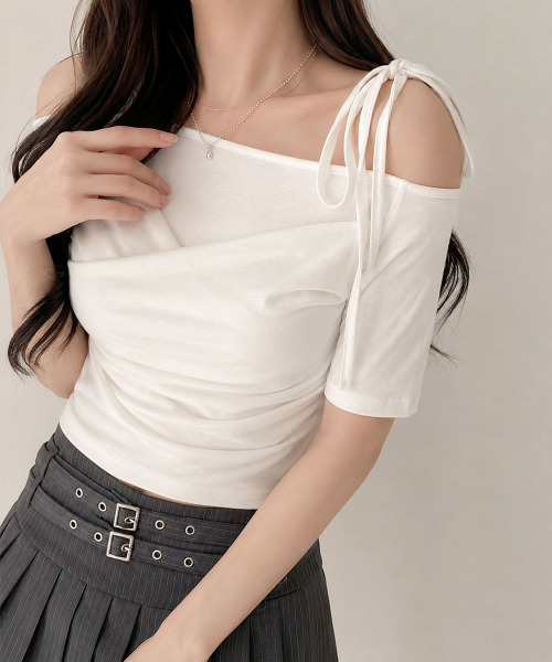 VIVID LADY（ビビッドレディー）の「ショルダーリボン オフショルダー カシュクール 半袖Tシャツ（Tシャツ/カットソー・レディース・ホワイト/ブラック/グレー・FREE）」の22枚目の写真