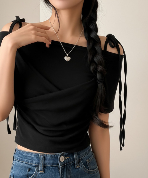 VIVID LADY（ビビッドレディー）の「ショルダーリボン オフショルダー カシュクール 半袖Tシャツ（Tシャツ/カットソー・レディース・ホワイト/ブラック/グレー・FREE）」の11枚目の写真