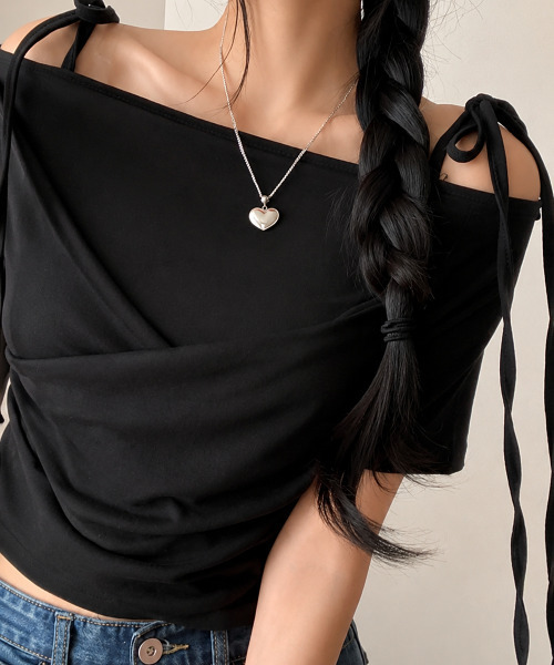 VIVID LADY（ビビッドレディー）の「ショルダーリボン オフショルダー カシュクール 半袖Tシャツ（Tシャツ/カットソー・レディース・ホワイト/ブラック/グレー・FREE）」の9枚目の写真