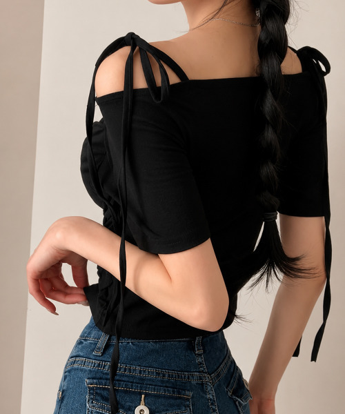 VIVID LADY（ビビッドレディー）の「ショルダーリボン オフショルダー カシュクール 半袖Tシャツ（Tシャツ/カットソー・レディース・ホワイト/ブラック/グレー・FREE）」の8枚目の写真