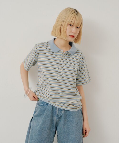 WHIMSIC(ウィムジック)の「【UNISEX/2サイズ展開】マルチボーダーポロシャツ(ポロシャツ・メンズ・ブルー/ベージュ/ブラック・1/2)」の6枚目の写真