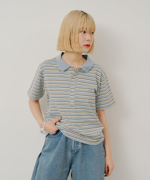 WHIMSIC(ウィムジック)の「【UNISEX/2サイズ展開】マルチボーダーポロシャツ(ポロシャツ・メンズ・ブルー/ベージュ/ブラック・1/2)」の7枚目の写真