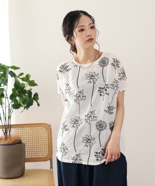 FUNALIVE(ファンアライブ)の「前身布帛刺繍切替プルオーバー 半袖(Tシャツ/カットソー・レディース・ホワイト系3/ネイビー系6・L/M)」の7枚目の写真