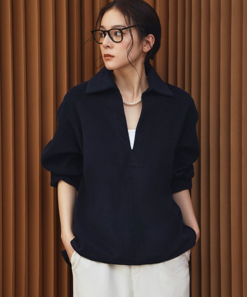 ELFRANK(エルフランク)の「【2026AW】【M~Lサイズ展開】ウールライクスキッパーオーバーサイズプルオーバー 洗える《着用動画あり》(Tシャツ/カットソー・レディース・ネイビー/グレー/キャメル・M/L)」の5枚目の写真