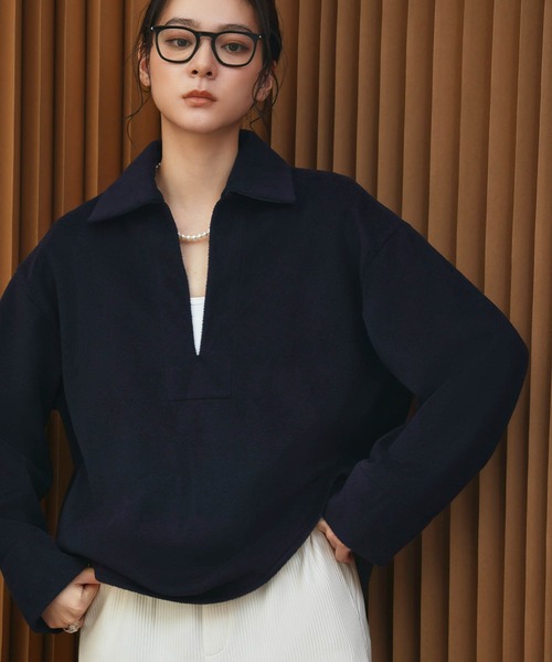 ELFRANK(エルフランク)の「【2026AW】【M~Lサイズ展開】ウールライクスキッパーオーバーサイズプルオーバー 洗える《着用動画あり》(Tシャツ/カットソー・レディース・ネイビー/グレー/キャメル・M/L)」の6枚目の写真
