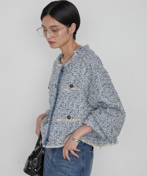 LOUNGEDRESS(ラウンジドレス)の「《羽織るだけで映える》ツイードジャケット(ノーカラージャケット・レディース・ブラウン・FREE)」の7枚目の写真