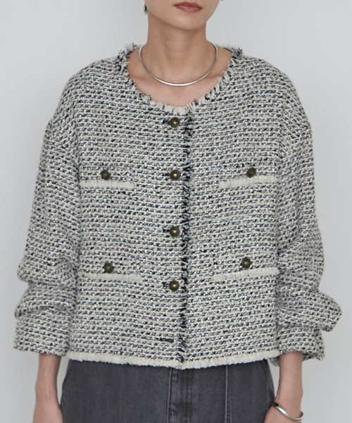 LOUNGEDRESS(ラウンジドレス)の「ツイードジャケット 秋服(ノーカラージャケット・レディース・ブラウン/サックスブルー/ブラック・FREE)」の2枚目の写真