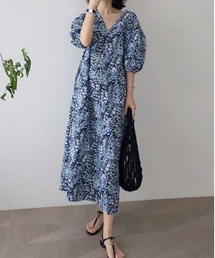 Vネック花柄ビックシルエットワンピース