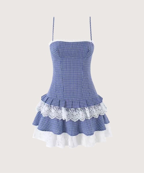 LA POMME petit(ラポミ・プチ)の「Lace Gingham Tiered Cami Dress/レースギンガムチェックティアードキャミワンピース(ワンピース・レディース・ブルー・FREE)」の1枚目の写真