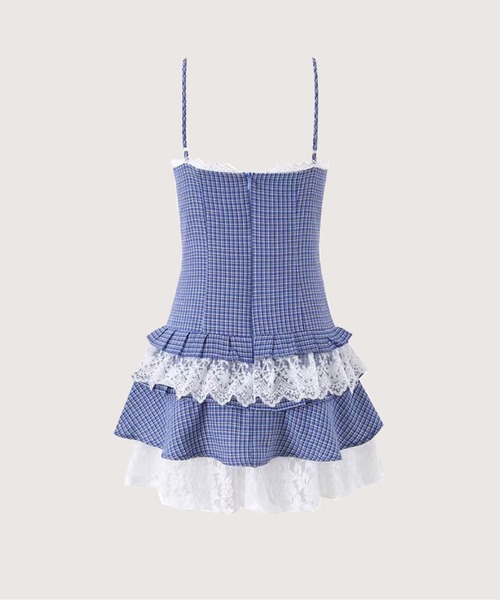 LA POMME petit(ラポミ・プチ)の「Lace Gingham Tiered Cami Dress/レースギンガムチェックティアードキャミワンピース(ワンピース・レディース・ブルー・FREE)」の2枚目の写真