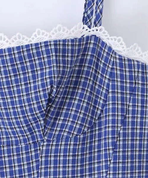 LA POMME petit(ラポミ・プチ)の「Lace Gingham Tiered Cami Dress/レースギンガムチェックティアードキャミワンピース(ワンピース・レディース・ブルー・FREE)」の3枚目の写真