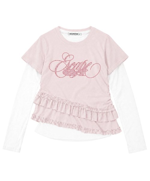 ESCAPEFROM（エスケープフロム）の「[SET] ピンクシャーリングフリルスリムフィット半袖レイヤードロングスリーブ（Tシャツ/カットソー・レディース・その他・MEDIUM）」の2枚目の写真
