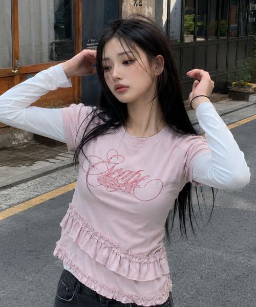 ESCAPEFROM（エスケープフロム）の「[SET] ピンクシャーリングフリルスリムフィット半袖レイヤードロングスリーブ（Tシャツ/カットソー・レディース・その他・MEDIUM）」の5枚目の写真