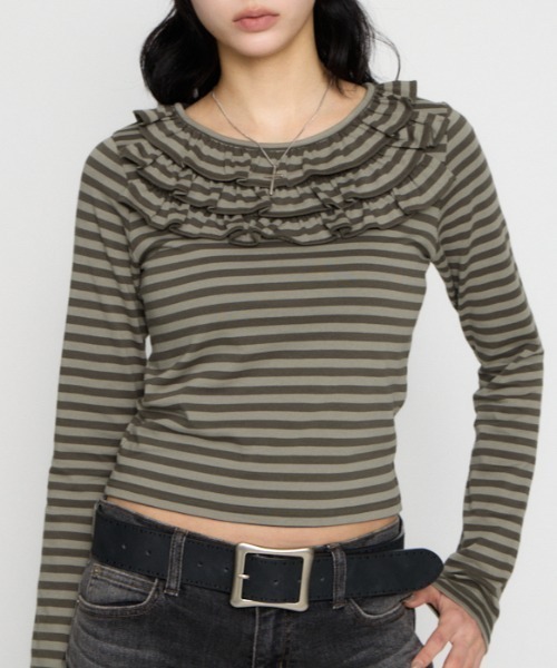 LAGUA GEM（ラグアジェム）の「BORDER FRILL CUT トップス（Tシャツ/カットソー・レディース・グレー/ベージュ/ブラック・FREE）」の3枚目の写真