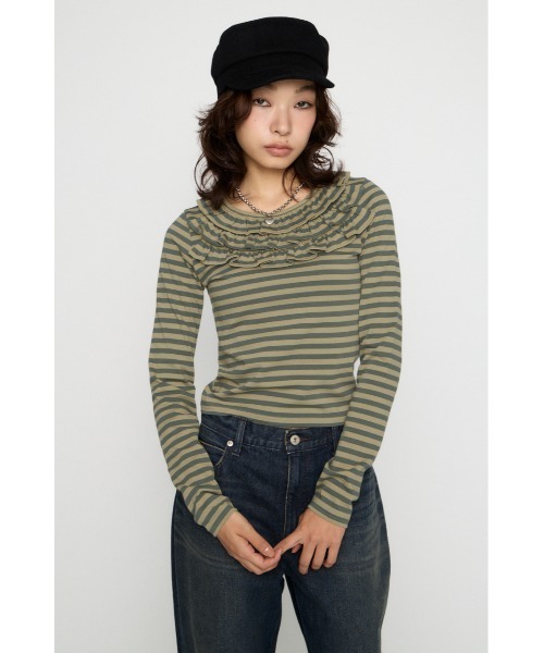 LAGUA GEM（ラグアジェム）の「BORDER FRILL CUT トップス（Tシャツ/カットソー・レディース・グレー/ベージュ/ブラック・FREE）」の10枚目の写真
