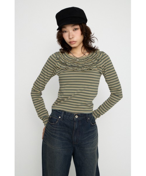 LAGUA GEM（ラグアジェム）の「BORDER FRILL CUT トップス（Tシャツ/カットソー・レディース・グレー/ベージュ/ブラック・FREE）」の11枚目の写真