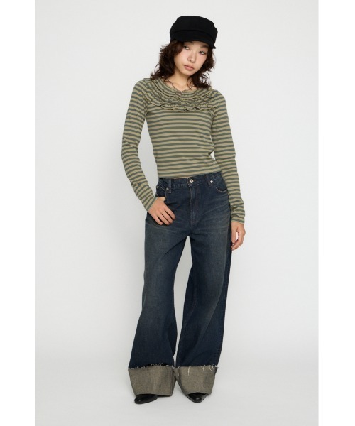 LAGUA GEM（ラグアジェム）の「BORDER FRILL CUT トップス（Tシャツ/カットソー・レディース・グレー/ベージュ/ブラック・FREE）」の12枚目の写真